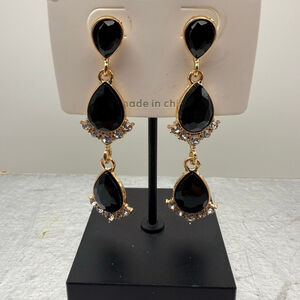 Mint Drop Earrings Women OS Black NEW Teardrop Chandelier Gold Tone Rhinestone